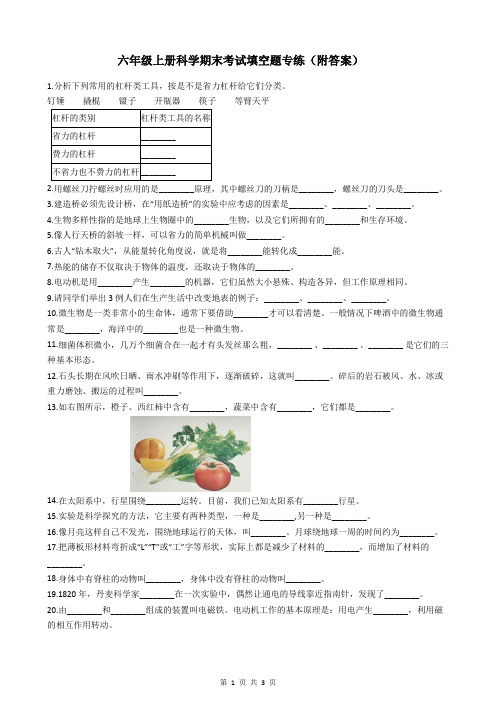 六年级上册科学期末考试填空题专练(附答案)