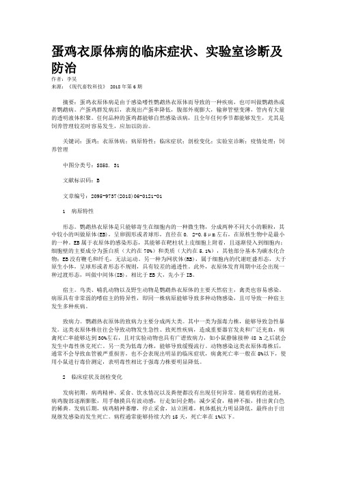 蛋鸡衣原体病的临床症状、实验室诊断及防治
