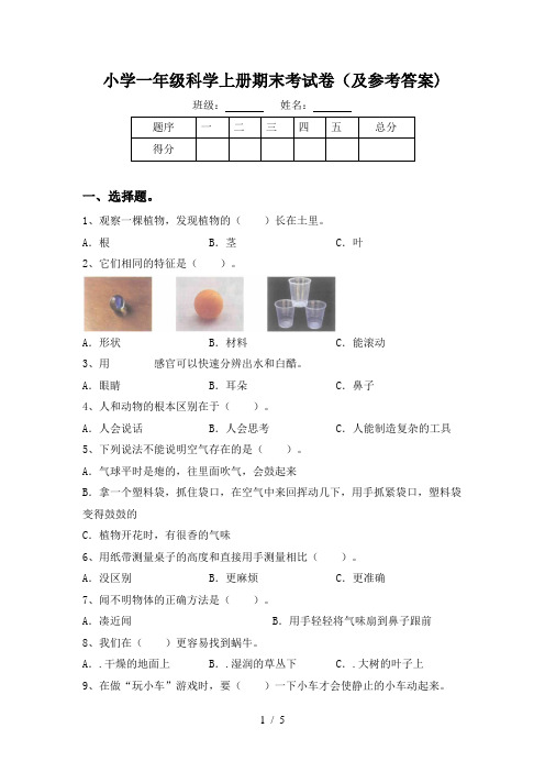 小学一年级科学上册期末考试卷(及参考答案)