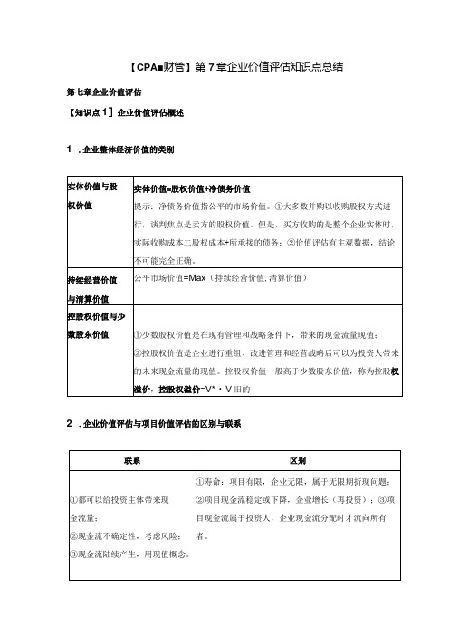 【CPA财管】第7章企业价值评估知识点总结