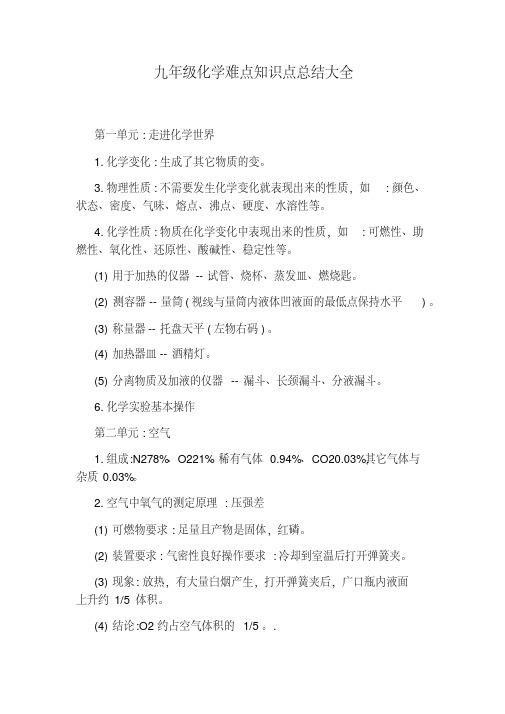 九年级化学难点知识点总结大全