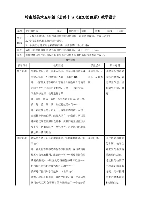 小学美术岭南版五年级下册《第四单元10变幻的色彩》教案