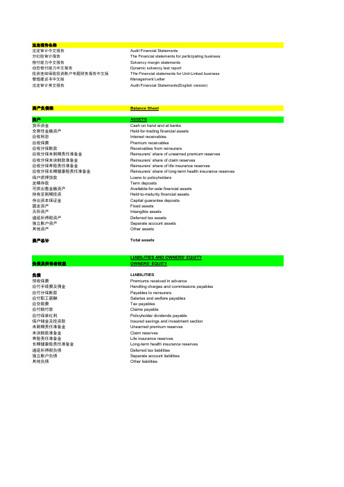 保险会计科目中英文对照表