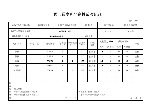 阀门强度和严密性试验记录