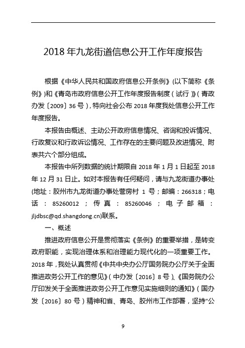 2018年九龙街道信息公开工作年度报告