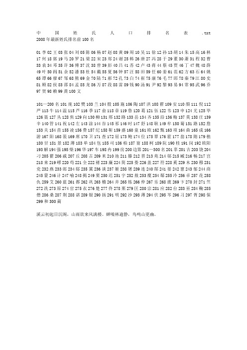 中国姓氏人口排名表