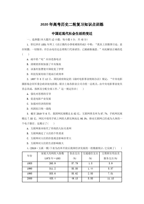 2020年高考历史二轮复习知识点训练 中国近现代社会生活的变迁(含答案)