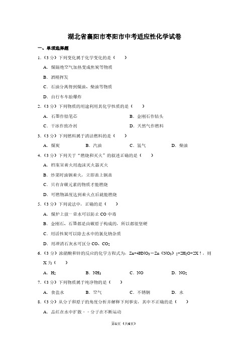 湖北省襄阳市枣阳市中考适应性化学试卷