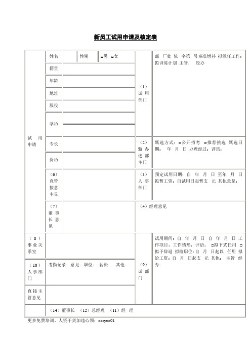 新员工试用申请及核定表