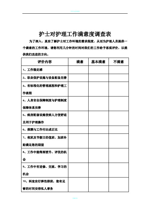 护士对护理工作满意度调查表