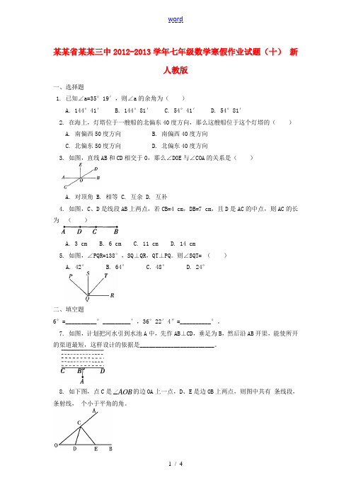江苏省南京三中2012-2013学年七年级数学寒假作业试题(十) 新人教版
