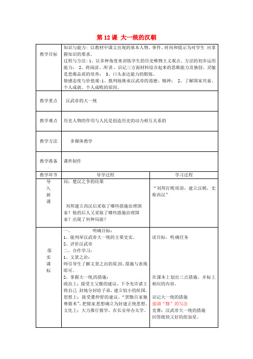 人教版初中历史七年级上册12大一统的汉朝word教案(15)