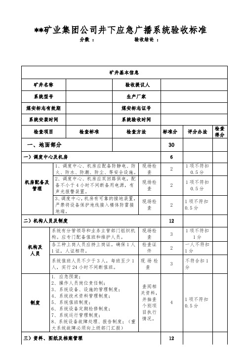 集团公司井下应急广播系统验收标准表