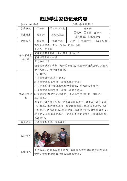 资助学生家访记录内容