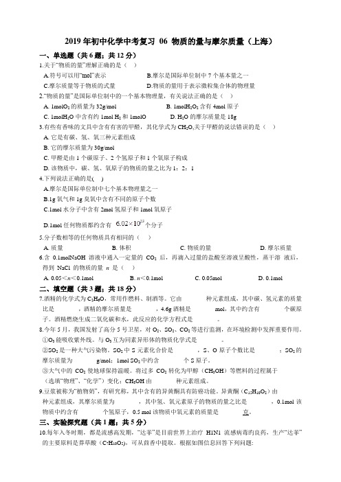 2019年初中化学中考复习 06 物质的量与摩尔质量(上海) 习题训练  解析版