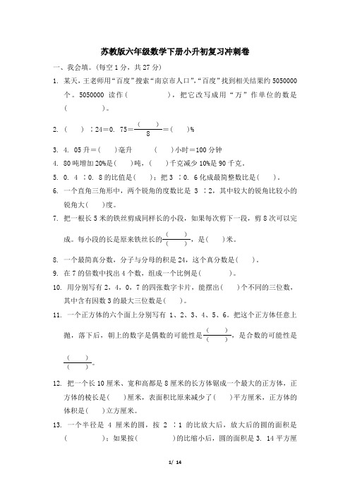 苏教版六年级数学下册小升初真题卷  附答案 (1)