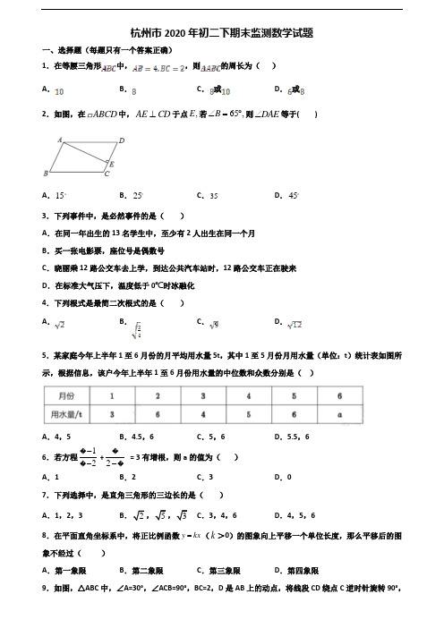 杭州市2020年初二下期末监测数学试题含解析