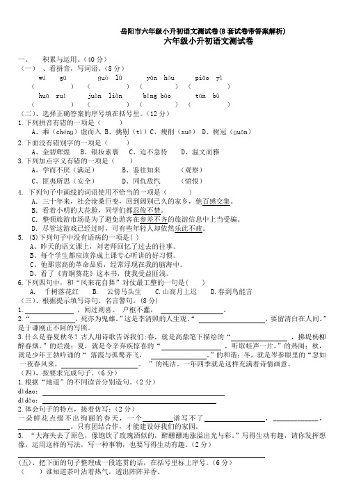 岳阳市六年级小升初语文测试卷(8套试卷带答案解析)