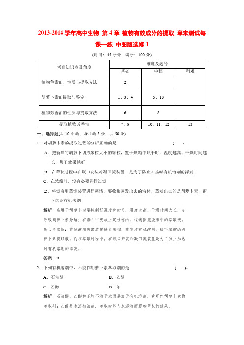高中生物 第4章 植物有效成分的提取 章末测试每课一练 中图版选修1
