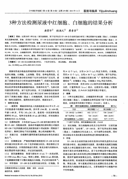 3种方法检测尿液中红细胞、白细胞的结果分析