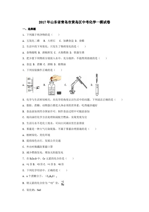 山东省青岛市黄岛区2017届中考一模化学试卷(含解析)