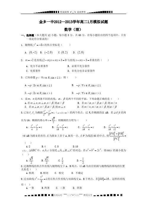 山东省济宁市金乡一中2012-2013学年高二1月期末模拟 数学理 Word版含答案