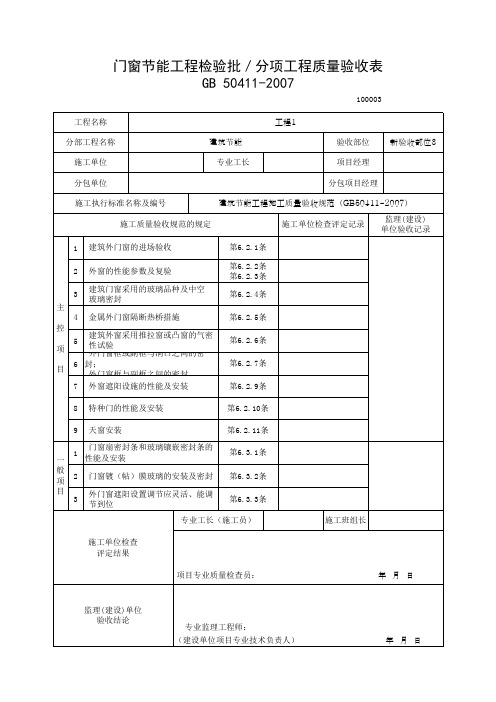 门窗节能工程检验批／分项工程质量验收表