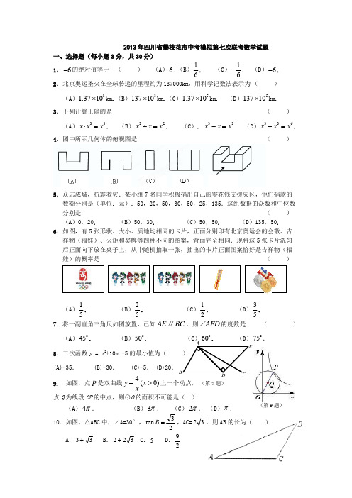 2013年四川省攀枝花市中考模拟第七次联考数学试题