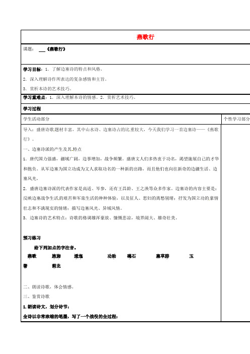 高中语文 第二专题 燕歌行学案苏教版选修《唐诗宋词选读》