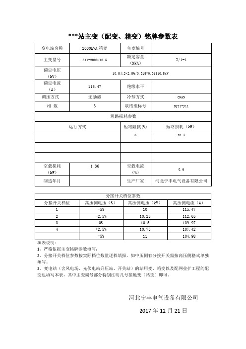主变(配变、箱变、站变)铭牌参数模板