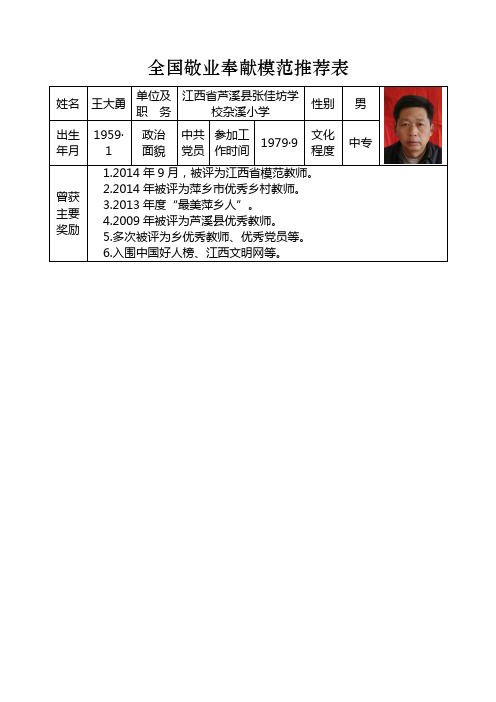 全国敬业奉献模范推荐表(王大勇)