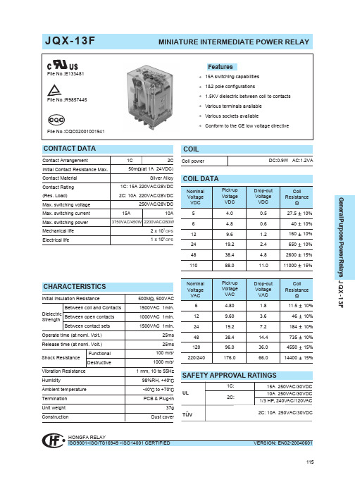 继电器JQX-13F资料