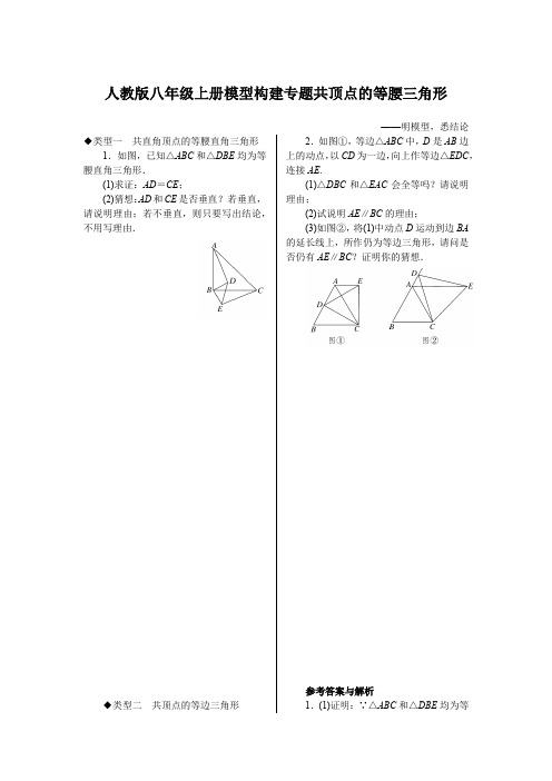 人教版八年级上册模型构建专题共顶点的等腰三角形