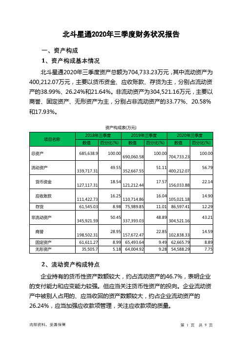北斗星通2020年三季度财务状况报告