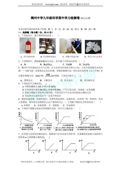 稠州中学九年级科学期中学力检测卷