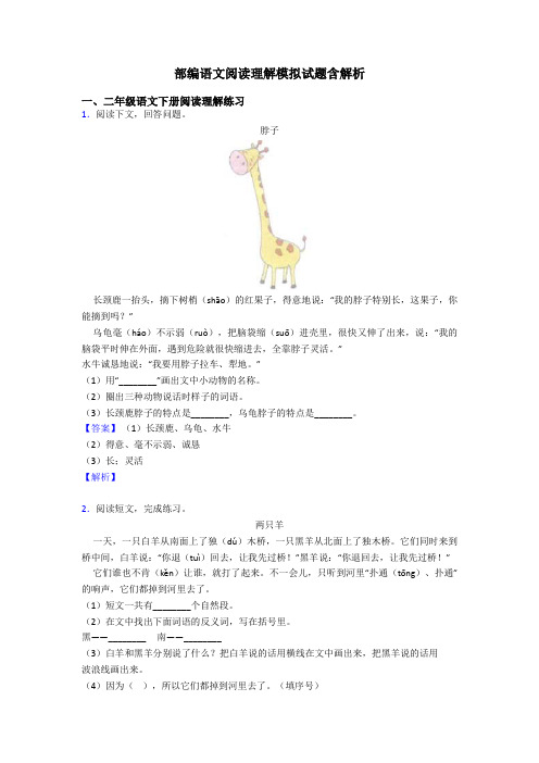 二年级部编语文阅读理解模拟试题含解析