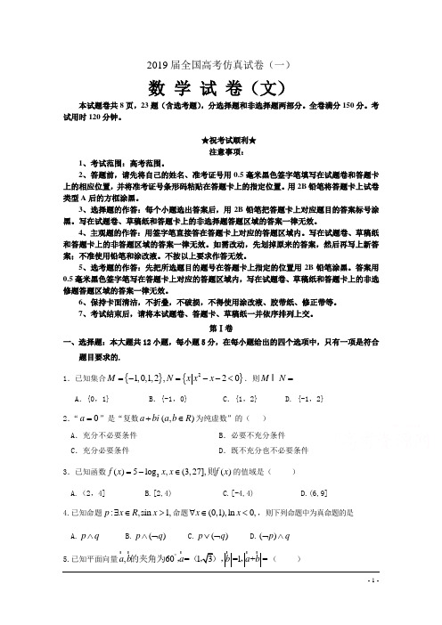 2019届全国高考仿真试卷(一)数 学 文卷
