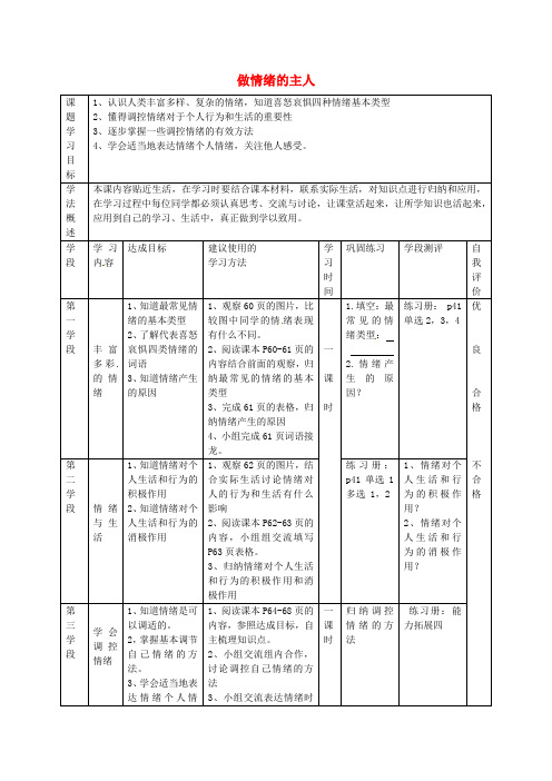 七年级政治上册 第三单元 第六课 做情绪的主人导学案 新人教版