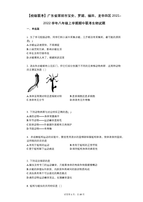 广东省深圳市宝安、罗湖、福田、龙华四区2021-2022学年-有答案-八年级上学期期中联考生物试题