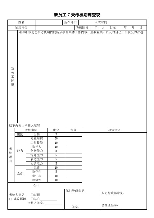 新员工培训常用表格6份