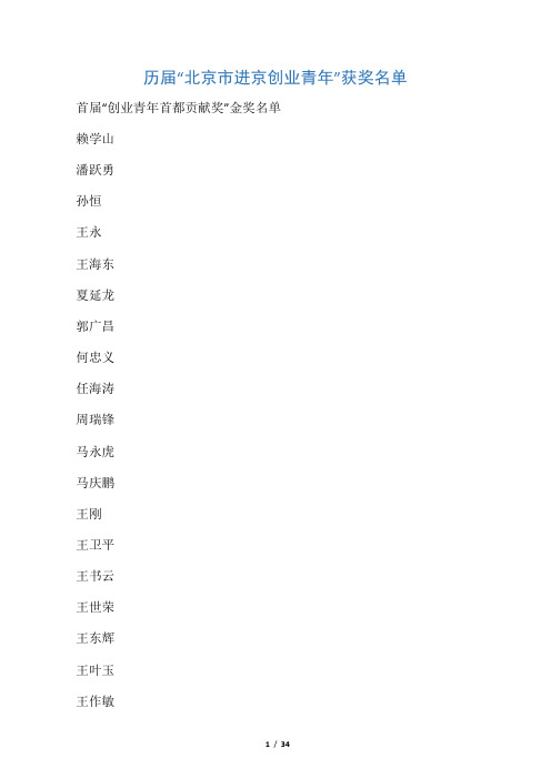 历届北京市进京创业青年获奖名单