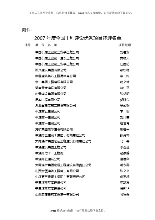 全国施工企业优秀项目经理名单