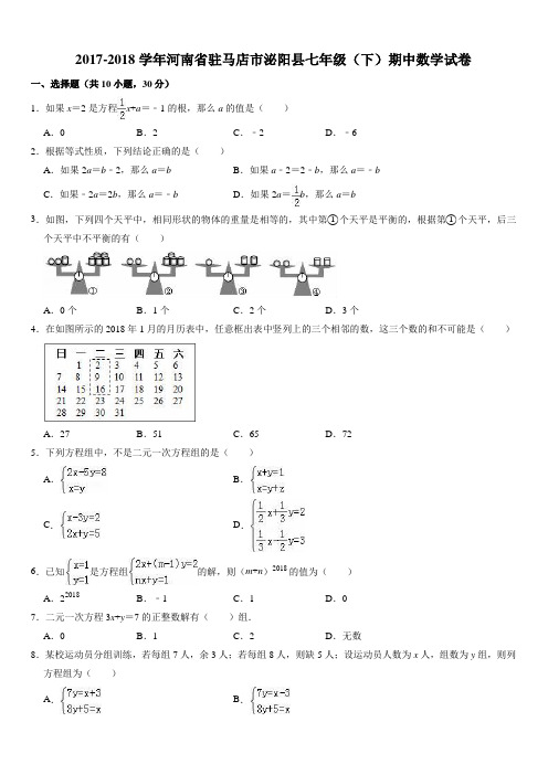 2017-2018学年驻马店市泌阳县七年级下期中数学试卷【带答案】