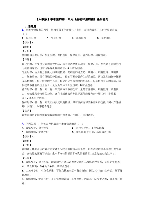 【人教版】中考生物第一单元《生物和生物圈》课后练习