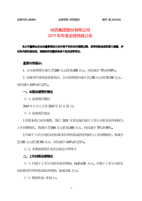 哈药股份：2019年年度业绩预减公告