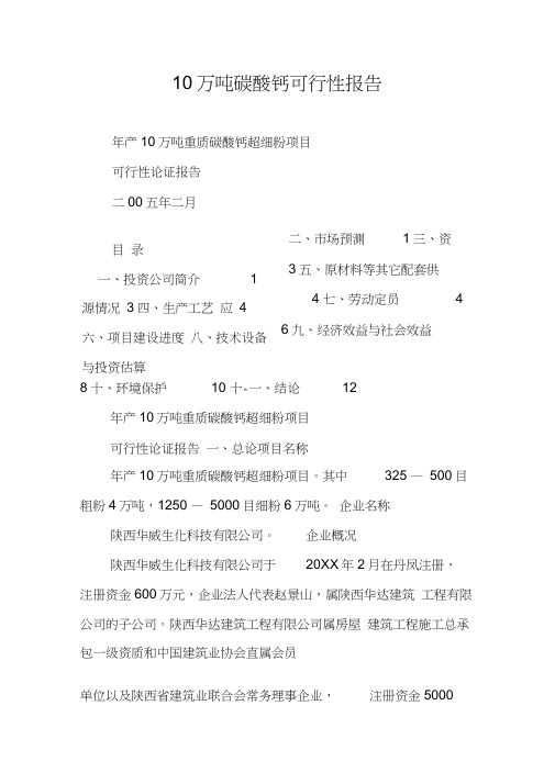 10万吨碳酸钙可行性报告