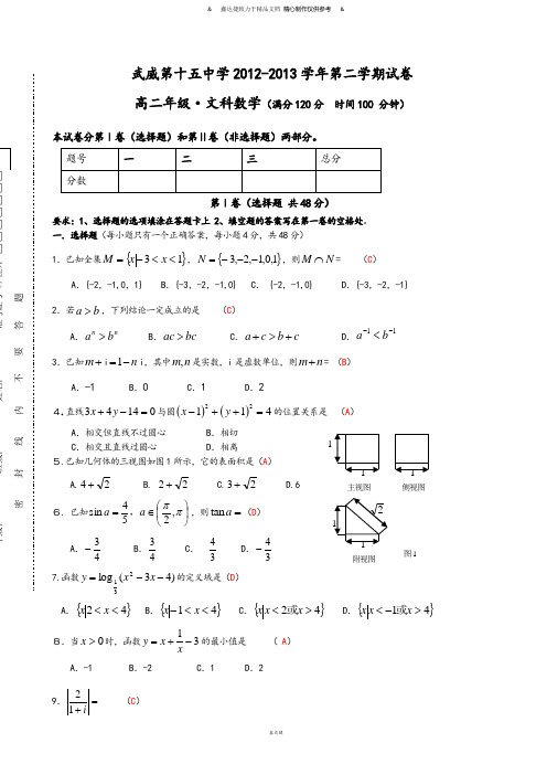 人教A版高中数学选修一-第二学期试卷.docx