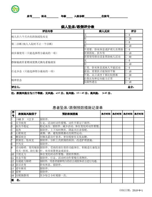 跌倒评分表及预防措施记录单