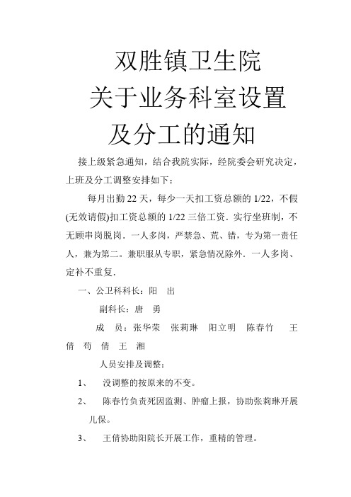 双胜镇卫生院业务科室设置及分工