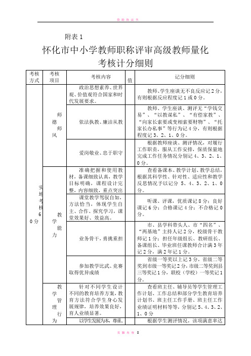 怀化市中小学教师职称评审高级教师量化考核计分细则